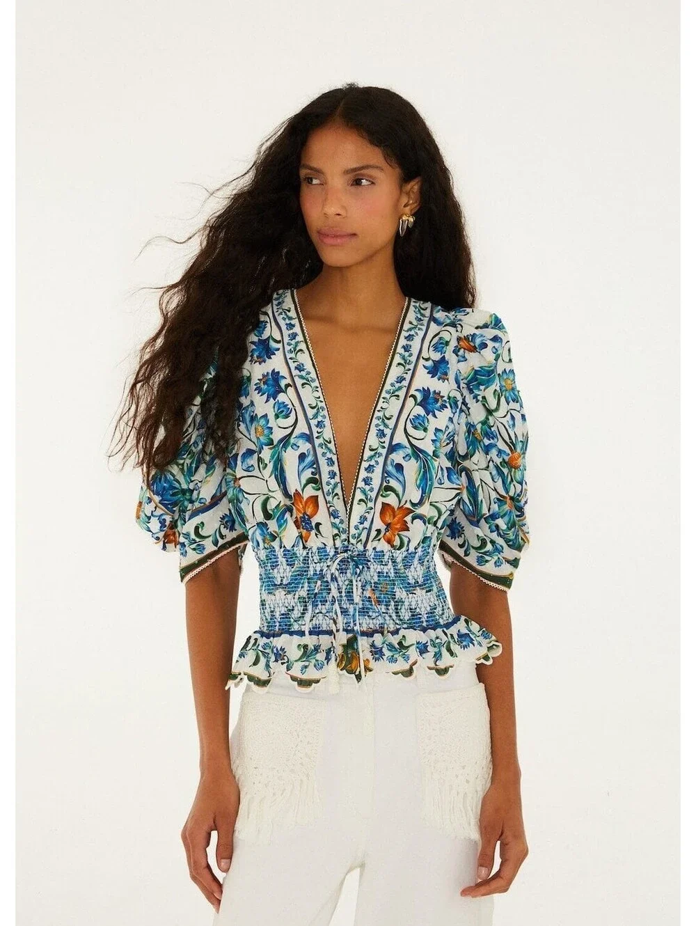 Farm Rio Flora Tile Smocked Blouse Blue Floral Puff Sleeve Top Women’s M